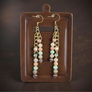 Gold Tone Chain Dangle Earrings with Multi-Colored Beads